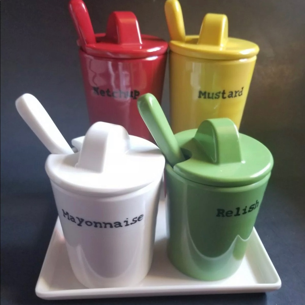 Pottery Barn BBQ 13 Pc Ceramic Condiment Set Ketchup, Mustard, Relish & Mayo